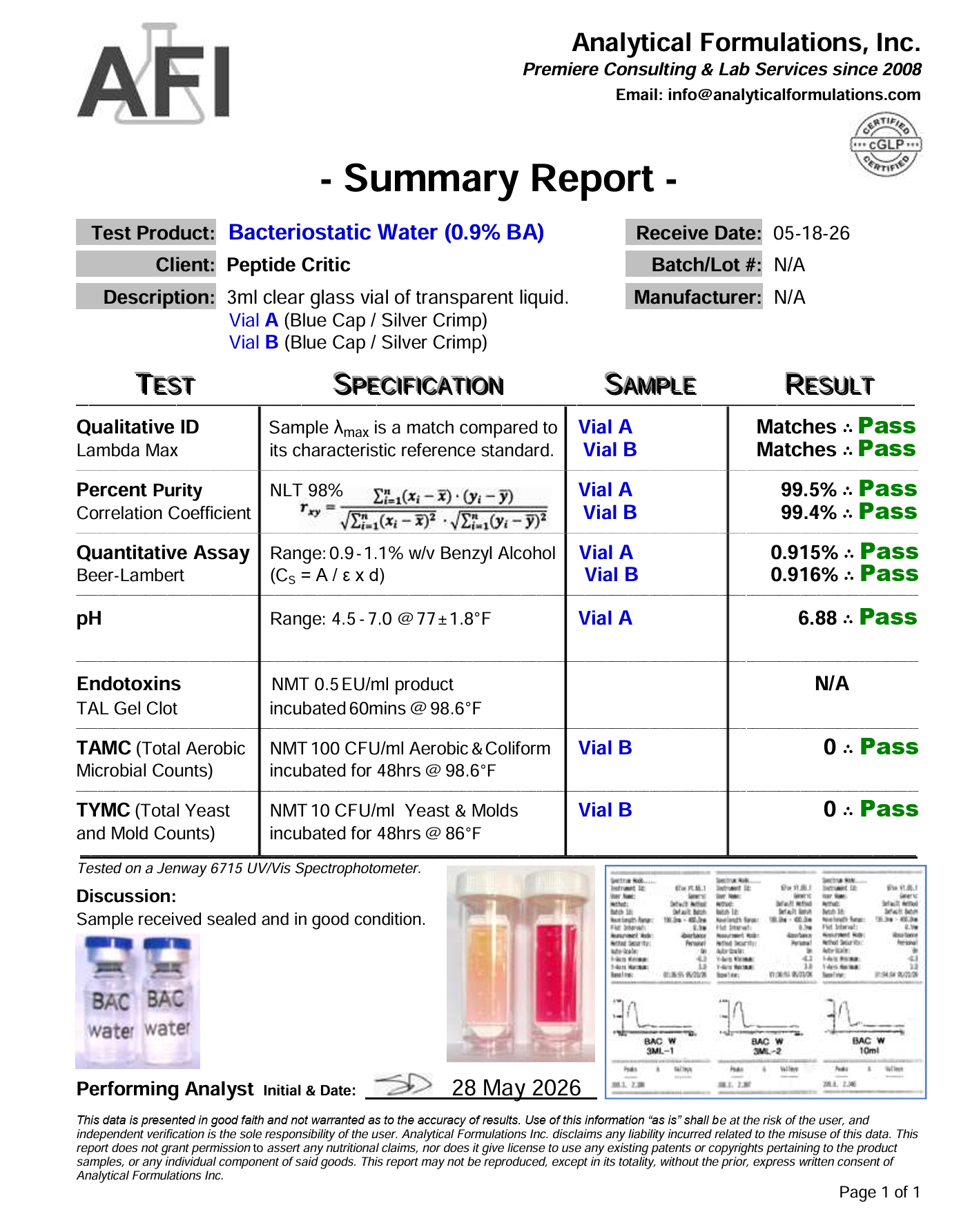 Analytical Formulations test result for Chimera bacteriostatic water showing passing results